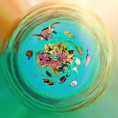 underwater paradise background coral reef wildlife nature collage with shark manta ray sea turtle colorful fish background