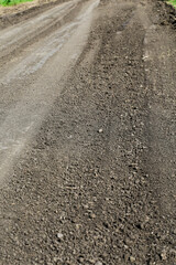 long winding rural trail along green grass in summer