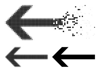 Disappearing pixelated arrow left icon with wind effect, and halftone vector icon. Pixelated dust effect for arrow left gives speed and motion of cyberspace things.