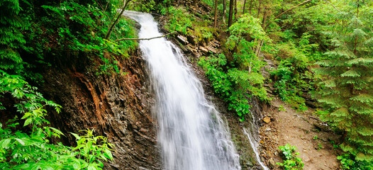 Guk waterfall, Carpathians, Ukraine. Wide photo.