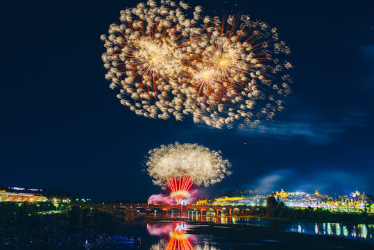 Colorful fireworks explosion on the black background