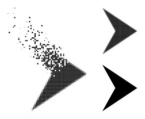 Decomposed dotted arrowhead right icon with destruction effect, and halftone vector icon. Pixelated destruction effect for arrowhead right gives speed and movement of cyberspace matter.