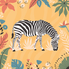 Fototapeta na wymiar Tropical zebra abstract background poster. with hand drawn illustrations.
