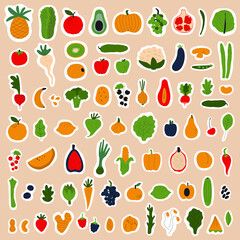 Healthy food concept. Colorful big stickers collection with fruits and vegetables. Flat illustration.