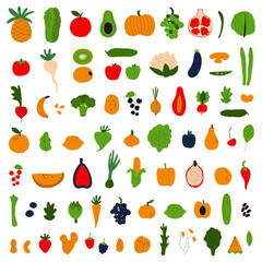 Healthy food concept. Colorful big collection with fruits and vegetables. Flat illustration.