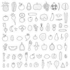 Healthy food concept. Black outline big collection with fruits and vegetables. Flat illustration.