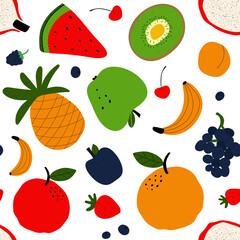Vegetarian diet for healthy concept. Colorful seamless pattern with fruits and greens. Flat illustration.