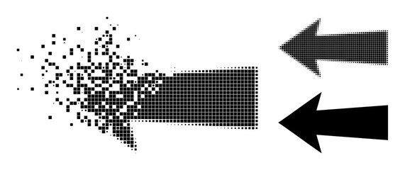 Disappearing dot arrow left glyph with destruction effect, and halftone vector composition. Pixelated disappearing effect for arrow left reproduces speed and movement of cyberspace concepts.
