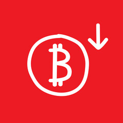 Bitcoin cartoon vector. Bitcoin Currency Symbol with Red Arrow Down. Bitcoin depreciation. Falling Bitcoin prices.