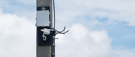 Security Camera, CCTV on location. Security camera on the power pole for use in the community.