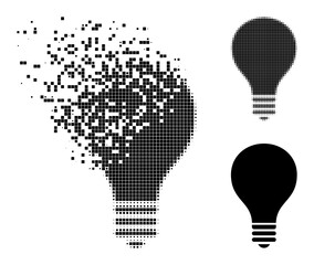Erosion pixelated bulb pictogram with destruction effect, and halftone vector pictogram. Pixelated dissolution effect for bulb demonstrates speed and motion of cyberspace objects.