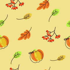 a pattern of autumn elements. Colored leaves. Yellow, green, orange. Pumpkin. Red Mountain Ash Branch