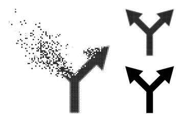 Disintegrating pixelated bifurcation arrow up glyph with wind effect, and halftone vector image.