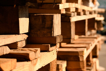 Wooden pallets close up. Tara. Wooden planks, hammered together by nails. 