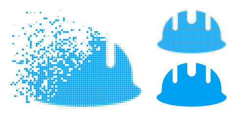Dispersed dot builder hardhat icon with wind effect, and halftone vector icon. Pixel degradation effect for builder hardhat shows speed and motion of cyberspace matter.