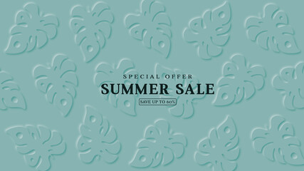 Vector background with paper cut style palm leaf frame. Summer sale banner.