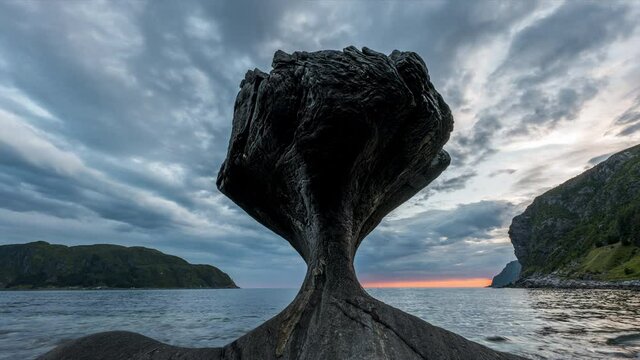 Mushroom-shape Kannesteinen Rock At Sunset In Maloy, Norway. - timelapse