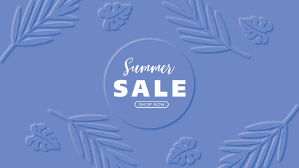 Vector blue background. Tropical leaves design. Summer sale text banner.