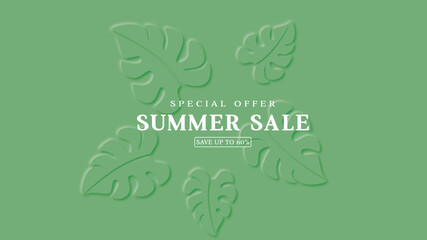 Vector green background. Tropical leaves design. Summer sale text banner.