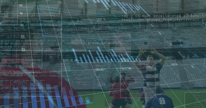 Animation of data processing over rugby players during rugby match in sports stadium