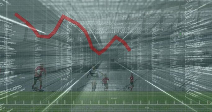 Animation of red line and data processing over rugby players during rugby match in sports stadium