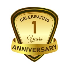 Fototapeta premium 1-year special anniversary badge design with golden gradient color. Anniversary royal badge design with a shield shape. Golden and Black badge design with ribbon vector illustration.