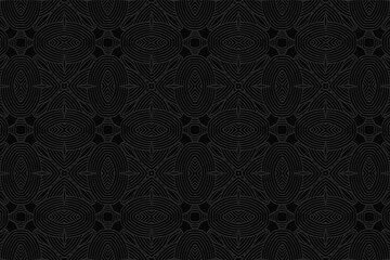 3D volumetric convex embossed decorative black background. Ethnic oriental, asian geometric pattern with handmade elements. Ornament for design and decor, textiles, wallpaper, presentations.