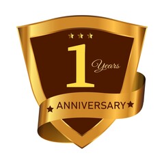Anniversary royal badge design with a shield shape. Anniversary badge design with golden gradient color. Golden and chocolate color badge design with ribbon vector illustration.