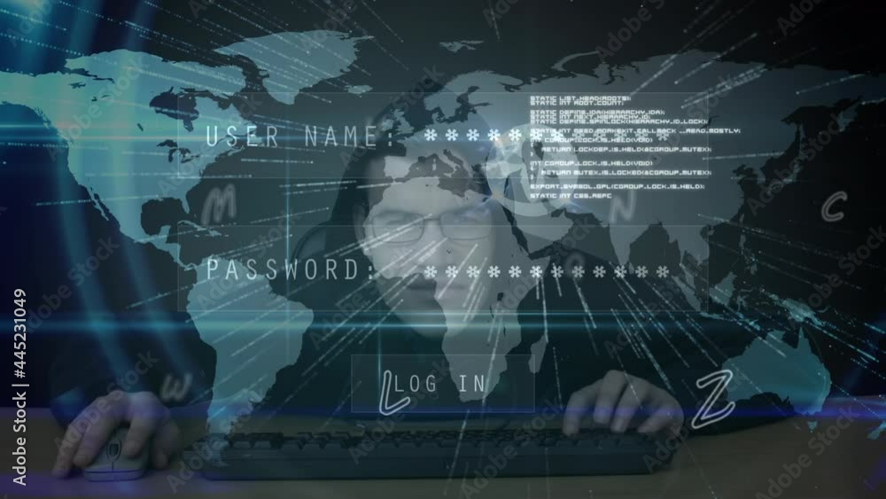 Poster animation of text access denied, over login interface with world map, and hacker using computer