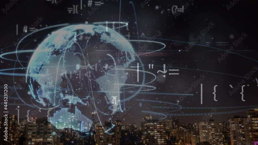 Poster animation of data processing and rotating globe with network of connections over night cityscape