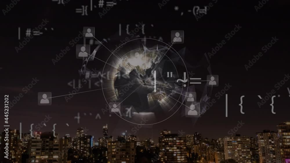 Poster animation of data processing and rotating globe with network of connections over night cityscape