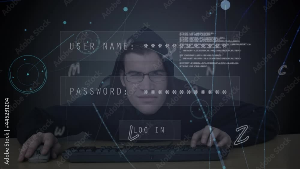 Poster animation of text access denied, over login interface processing and hacker using computer