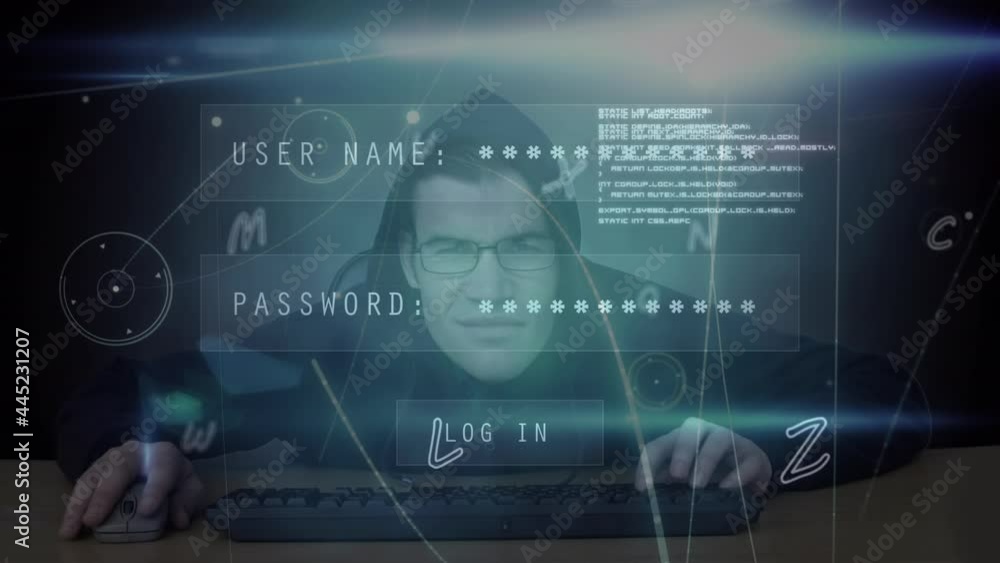 Poster animation of text access denied, over login interface processing and hacker using computer