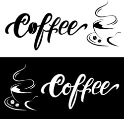 Coffee handwritten text with coffee cup, beans and heart. Set of two cards on black and white background. Modern brush calligraphy. Lettering for poster, label, sticker, logotype. Vector illustration