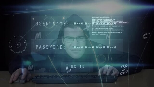 Animation of text access denied, over login interface processing and hacker using computer