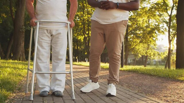 African-American caregiver is teaching disabled old man to walk with walker. Professional nurse and handicapped patient in the park. Assistance, rehabilitation and health care. Golden hour sunset.
