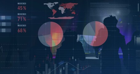 Animation of financial data processing over people dancing