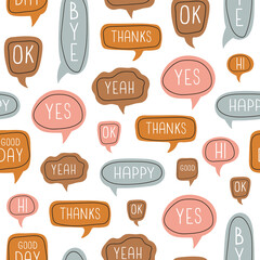 Colorful seamless pattern with cartoon speech bubbles with dialog boxes with phrases: happy, thanks, good, bye on white background. Modern vector illustration	