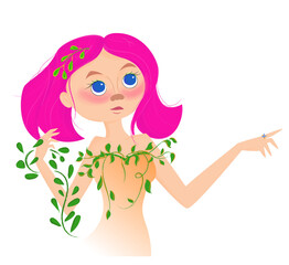 Девушка с розовыми волосами и растениями