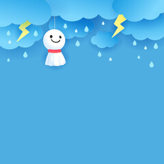 Monsoon Rainy season background Vector Illustration. Cute Rain doll on raining sky. paper art sky 