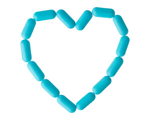 Heart Pills, tablets, drugs, vitamins. Medicine Concept for pharmacy, hospital, doctor's office, disease, illness, sick people. Dose of blue tablets. Doctor prescription. White isolated background. 