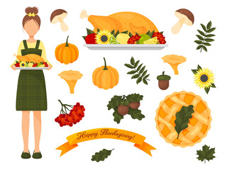 collection of elements for thanksgiving. Autumn set. Vector illustration. cartoon style. Icons isolated on white.