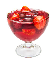 Strawberry, cherry and raspberry jelly in a ice cream bowl, isolated on a white background. Close-up.