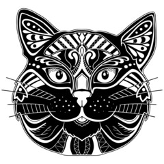 Cat's face. Page of coloring book. Ornamental art. Vector illustration isolated on white background.