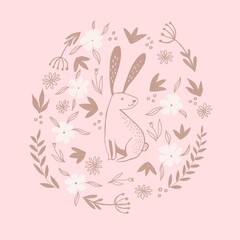 Illustration of a bunny in a frame of plants, on a pink background