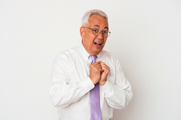 Senior american man isolated on white background scared and afraid.
