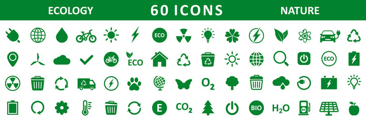 Set of 60 ecology icons. Green nature icons. Vector illustration.
