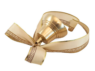 Christmas golden bell with a ribbon bow isolated on white