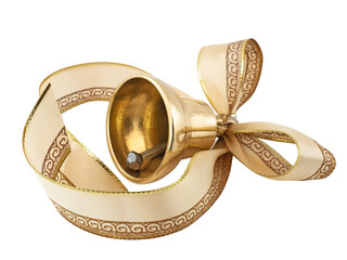 Christmas golden bell with a ribbon bow isolated on white