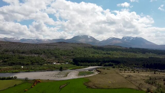 4k drone footage of the River Lochy in the Great Glen near Fort William, Scottish Highlands, UK